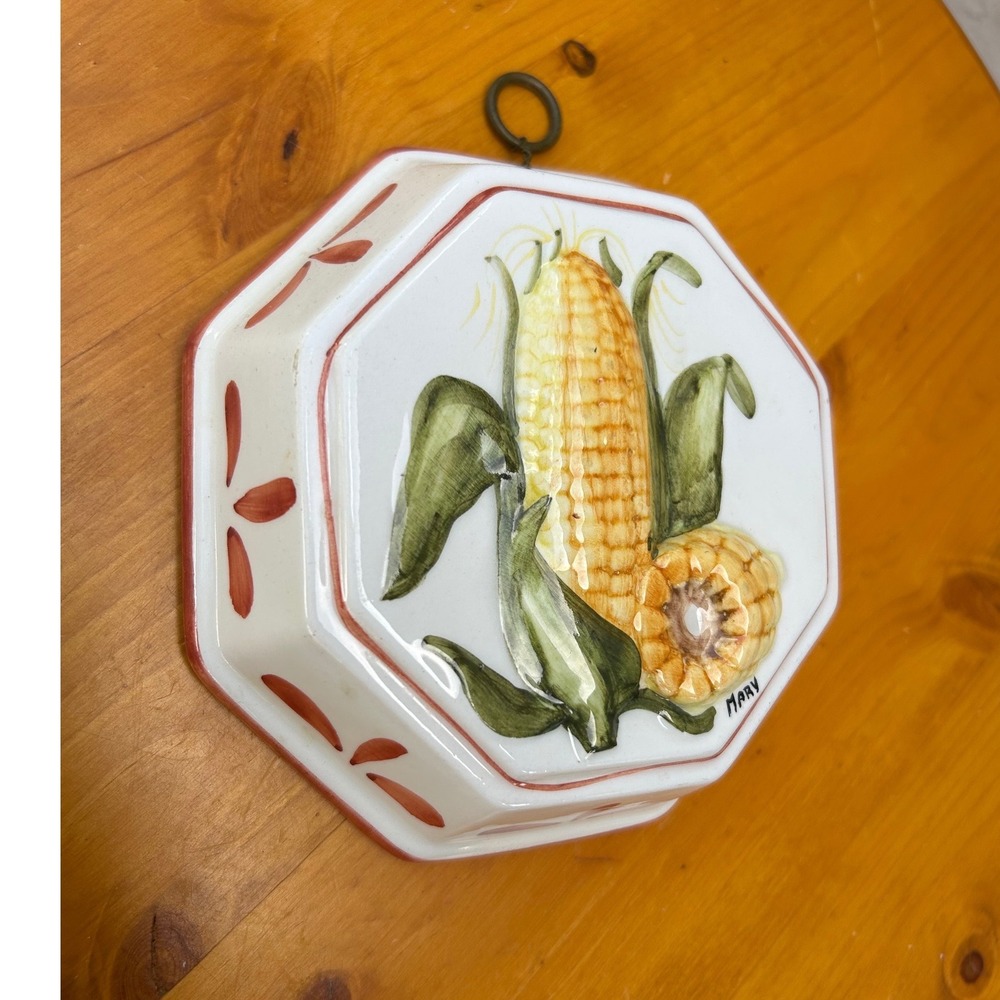 Vintage Ceramic Corn Wall Hanging Octagonal Large Yellow Green Italian Mary Cott